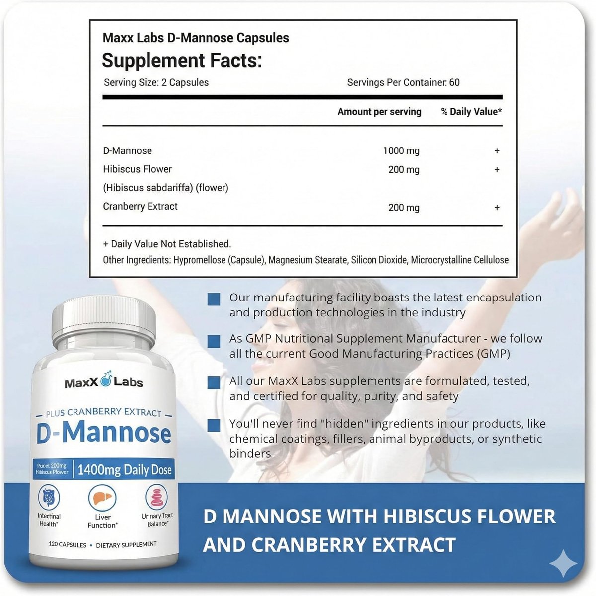 MaxX Labs D-Mannose Kapseln 1400 mg – Hochdosiert mit Cranberry-Extrakt & Hibiskus für die Blasengesundheit, Unterstützung bei Harnwegsinfektionen – 120 Kapseln
