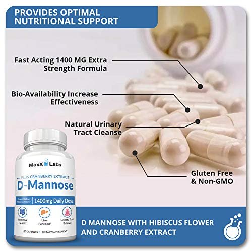MaxX Labs D-Mannose Kapseln 1400 mg – Hochdosiert mit Cranberry-Extrakt & Hibiskus für die Blasengesundheit, Unterstützung bei Harnwegsinfektionen – 120 Kapseln