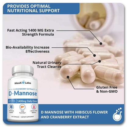 MaxX Labs D-Mannose Kapseln 1400 mg – Hochdosiert mit Cranberry-Extrakt & Hibiskus für die Blasengesundheit, Unterstützung bei Harnwegsinfektionen – 120 Kapseln