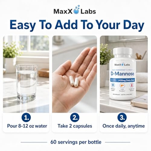 MaxX Labs D-Mannose Kapseln 1400 mg – Hochdosiert mit Cranberry-Extrakt & Hibiskus für die Blasengesundheit, Unterstützung bei Harnwegsinfektionen – 120 Kapseln