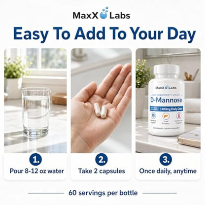 MaxX Labs D-Mannose Kapseln 1400 mg – Hochdosiert mit Cranberry-Extrakt & Hibiskus für die Blasengesundheit, Unterstützung bei Harnwegsinfektionen – 120 Kapseln