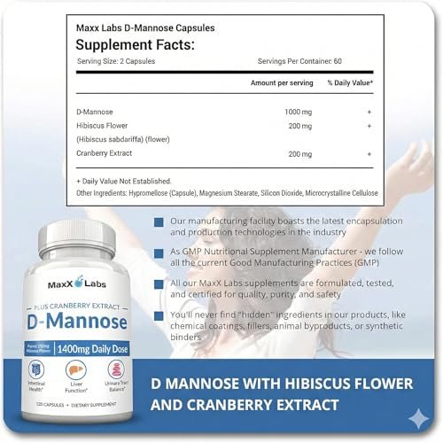 MaxX Labs D-Mannose Kapseln 1400 mg – Hochdosiert mit Cranberry-Extrakt & Hibiskus für die Blasengesundheit, Unterstützung bei Harnwegsinfektionen – 120 Kapseln