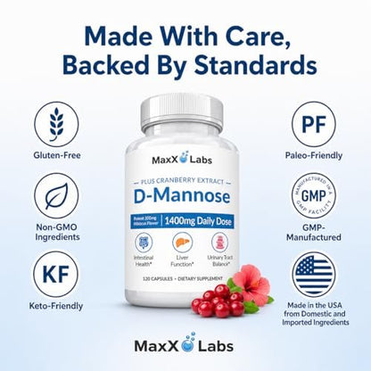 MaxX Labs D-Mannose Kapseln 1400 mg – Hochdosiert mit Cranberry-Extrakt & Hibiskus für die Blasengesundheit, Unterstützung bei Harnwegsinfektionen – 120 Kapseln