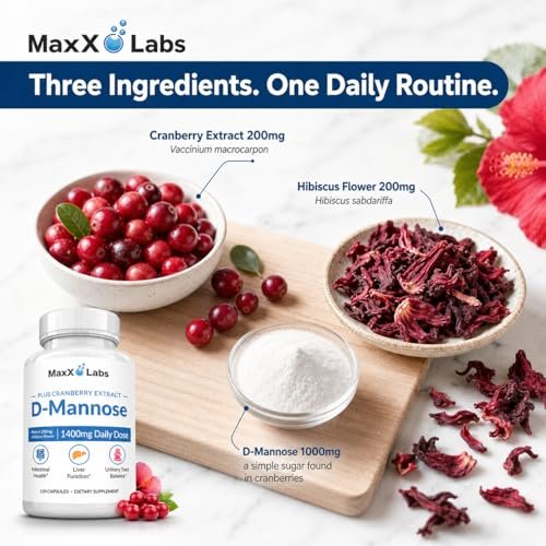 MaxX Labs D-Mannose Kapseln 1400 mg – Hochdosiert mit Cranberry-Extrakt & Hibiskus für die Blasengesundheit, Unterstützung bei Harnwegsinfektionen – 120 Kapseln