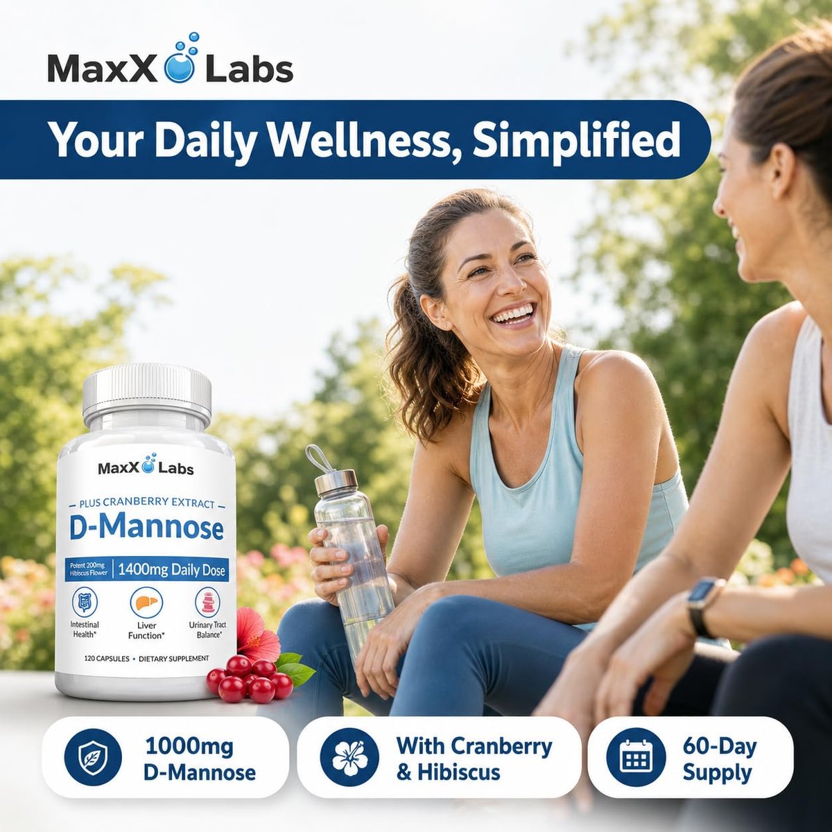 MaxX Labs D-Mannose Kapseln 1400 mg – Hochdosiert mit Cranberry-Extrakt & Hibiskus für die Blasengesundheit, Unterstützung bei Harnwegsinfektionen – 120 Kapseln
