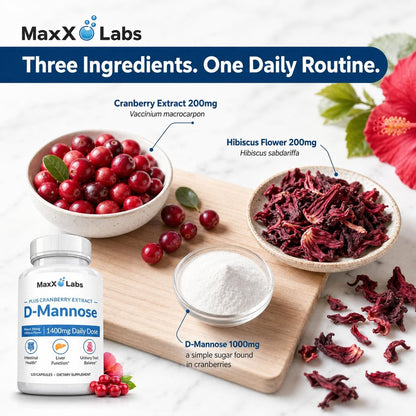 MaxX Labs D-Mannose Kapseln 1400 mg – Hochdosiert mit Cranberry-Extrakt & Hibiskus für die Blasengesundheit, Unterstützung bei Harnwegsinfektionen – 120 Kapseln
