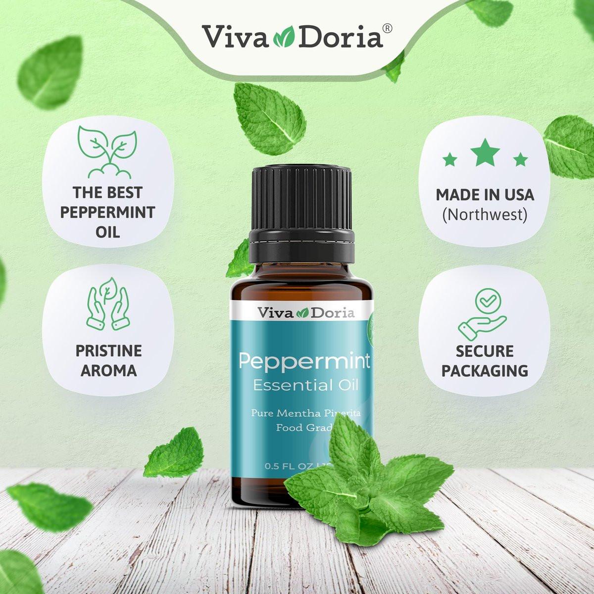 Viva Doria Pfefferminzöl, 100 % reines, natürliches, nordwestliches Pfefferminzöl, unverdünnt, für Aromatherapie | Lebensmittelqualität, 15 ml