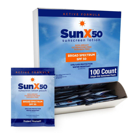 CoreTex Sun X 50 SPF Breitband-Sonnenschutz Päckchen - 100 Stück, paraben-, oxybenzon-, octinoxat- und ölfrei, kein weißer Schimmer, wasserbeständig bis 80 Minuten