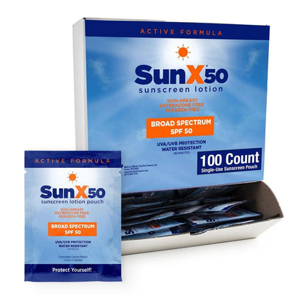 CoreTex Sun X 50 SPF Breitband-Sonnenschutz Päckchen - 100 Stück, paraben-, oxybenzon-, octinoxat- und ölfrei, kein weißer Schimmer, wasserbeständig bis 80 Minuten