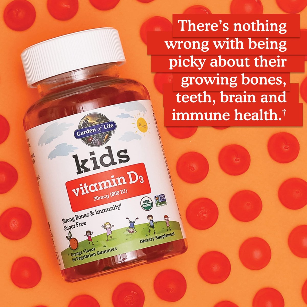 Garden of Life Kids Bioaktive Vitamin D3 Gummibärchen – 800 IE (100% Tagesbedarf) für starke Knochen, Zähne, Gehirn & Immunsystem – Ohne Zucker, Vegan, Nicht-GMO, Glutenfrei, Orangengeschmack, 60 Portionen