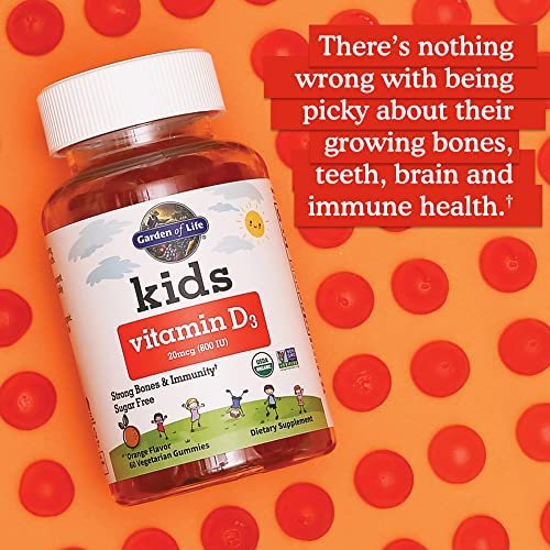 Garden of Life Kids Bioaktive Vitamin D3 Gummibärchen – 800 IE (100% Tagesbedarf) für starke Knochen, Zähne, Gehirn & Immunsystem – Ohne Zucker, Vegan, Nicht-GMO, Glutenfrei, Orangengeschmack, 60 Portionen