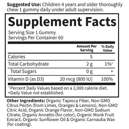 Garden of Life Kids Bioaktive Vitamin D3 Gummibärchen – 800 IE (100% Tagesbedarf) für starke Knochen, Zähne, Gehirn & Immunsystem – Ohne Zucker, Vegan, Nicht-GMO, Glutenfrei, Orangengeschmack, 60 Portionen