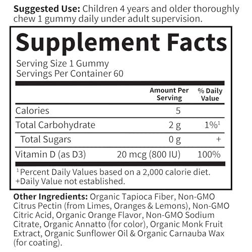 Garden of Life Kids Bioaktive Vitamin D3 Gummibärchen – 800 IE (100% Tagesbedarf) für starke Knochen, Zähne, Gehirn & Immunsystem – Ohne Zucker, Vegan, Nicht-GMO, Glutenfrei, Orangengeschmack, 60 Portionen