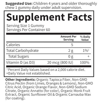 Garden of Life Kids Bioaktive Vitamin D3 Gummibärchen – 800 IE (100% Tagesbedarf) für starke Knochen, Zähne, Gehirn & Immunsystem – Ohne Zucker, Vegan, Nicht-GMO, Glutenfrei, Orangengeschmack, 60 Portionen