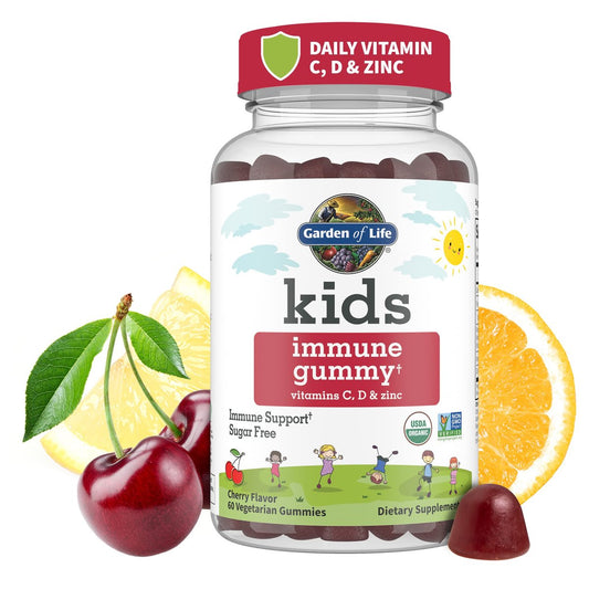 Garden of Life Kids Immunstärkung Gummibärchen mit Vitamin C, D3 & Zink – 3-in-1 tägliche Immununterstützung für Kinder – Bio, Nicht-GVO, Glutenfrei, Vegetarisch, Zuckerfrei, Kirsche Geschmack, 30-Tage-Vorrat