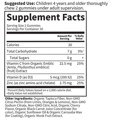 Garden of Life Kids Immunstärkung Gummibärchen mit Vitamin C, D3 & Zink – 3-in-1 tägliche Immununterstützung für Kinder – Bio, Nicht-GVO, Glutenfrei, Vegetarisch, Zuckerfrei, Kirsche Geschmack, 30-Tage-Vorrat