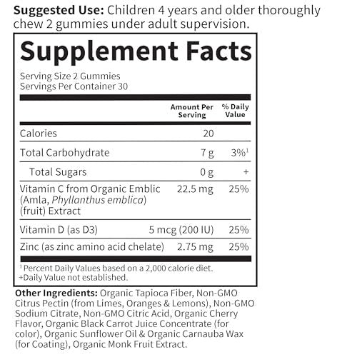Garden of Life Kids Immunstärkung Gummibärchen mit Vitamin C, D3 & Zink – 3-in-1 tägliche Immununterstützung für Kinder – Bio, Nicht-GVO, Glutenfrei, Vegetarisch, Zuckerfrei, Kirsche Geschmack, 30-Tage-Vorrat