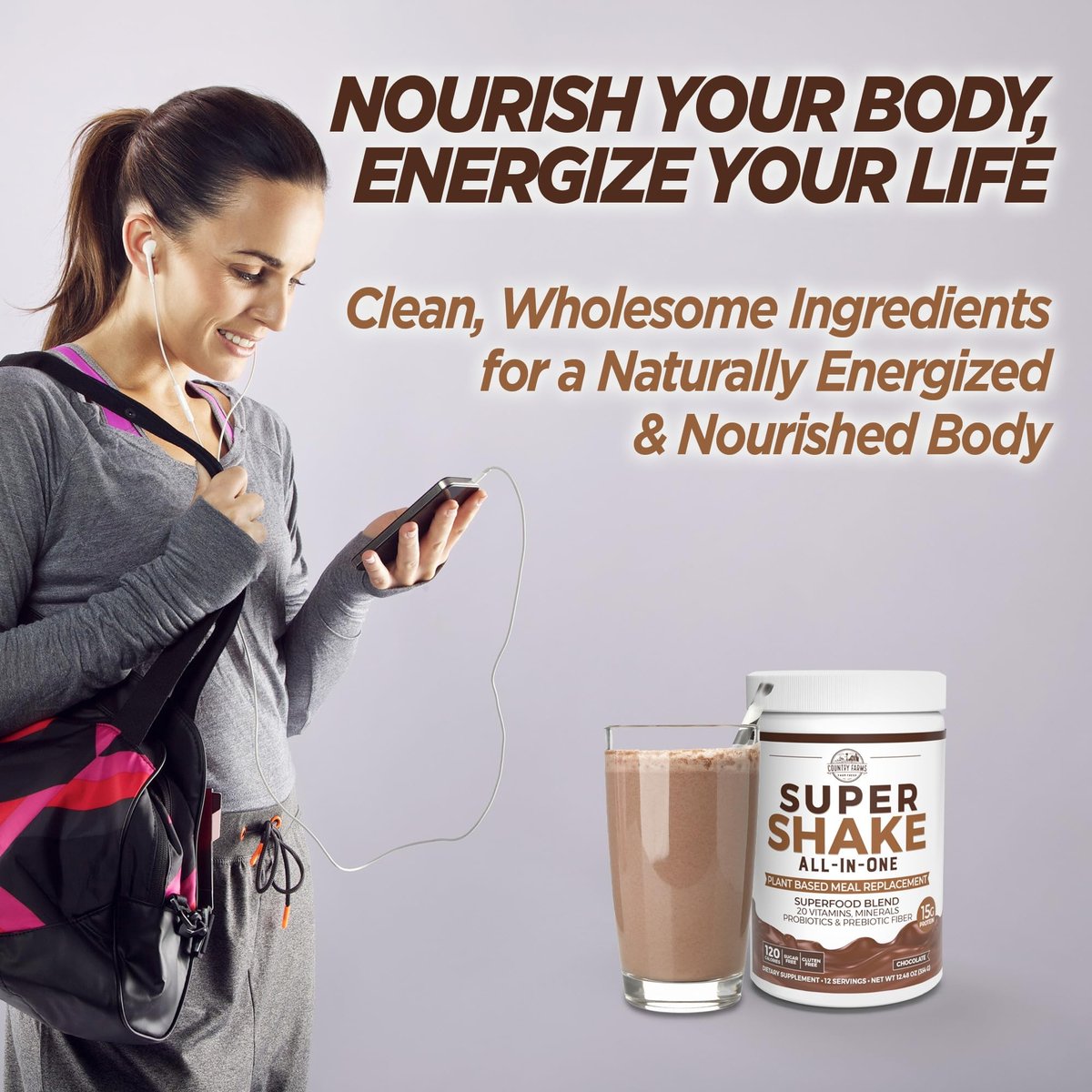 Country Farms All-in-One Super Shake Mahlzeitenersatz mit 15g pflanzlichem Protein, Superfoods, Vitaminen, Probiotika und Präbiotika, 12 Portionen, Schokolade, 12,48 Unzen