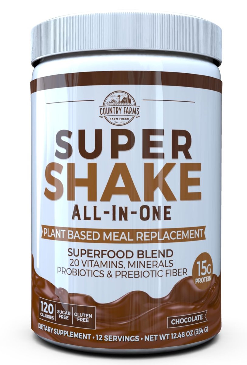 Country Farms All-in-One Super Shake Mahlzeitenersatz mit 15g pflanzlichem Protein, Superfoods, Vitaminen, Probiotika und Präbiotika, 12 Portionen, Schokolade, 12,48 Unzen