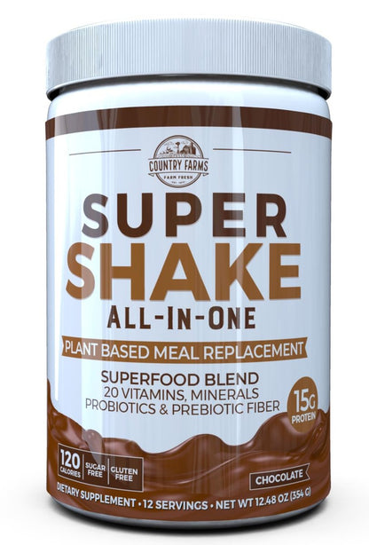 Country Farms All-in-One Super Shake Mahlzeitenersatz mit 15g pflanzlichem Protein, Superfoods, Vitaminen, Probiotika und Präbiotika, 12 Portionen, Schokolade, 12,48 Unzen