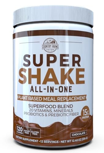 Country Farms All-in-One Super Shake Mahlzeitenersatz mit 15g pflanzlichem Protein, Superfoods, Vitaminen, Probiotika und Präbiotika, 12 Portionen, Schokolade, 12,48 Unzen
