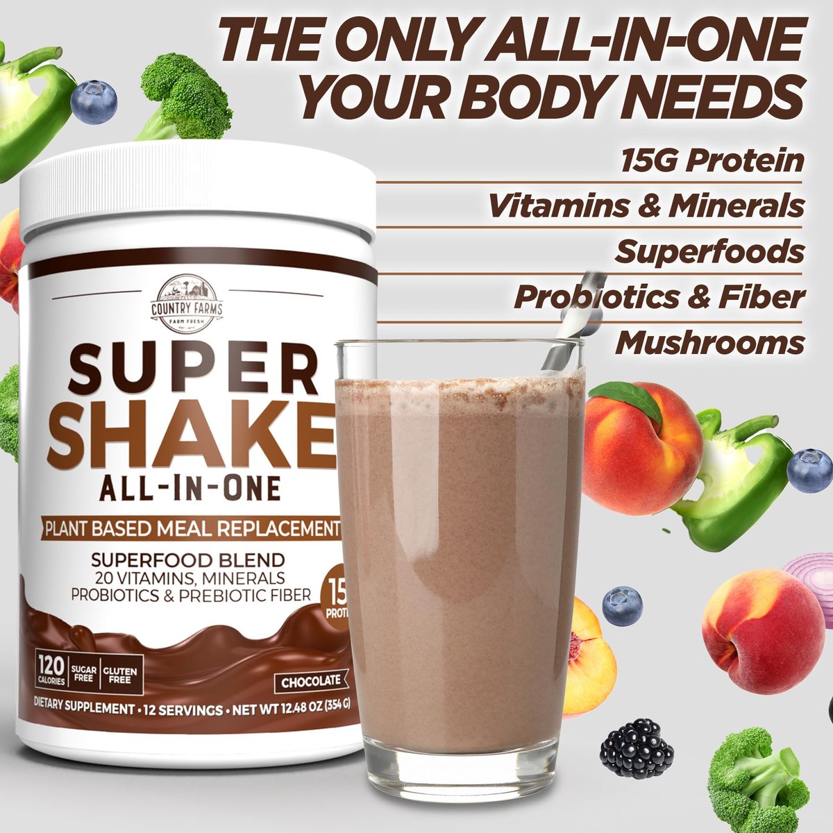 Country Farms All-in-One Super Shake Mahlzeitenersatz mit 15g pflanzlichem Protein, Superfoods, Vitaminen, Probiotika und Präbiotika, 12 Portionen, Schokolade, 12,48 Unzen