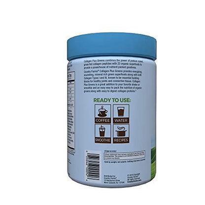 Country Farms Kollagen Peptide Pulver mit Grünpflanzen – Nahrungsergänzungsmittel (Typ I, III) für Haut, Haare, Nägel und Gelenke – Milch-/Gluten-/Zuckerfrei – Natürlich – 10,6 Unzen, 30 Portionen