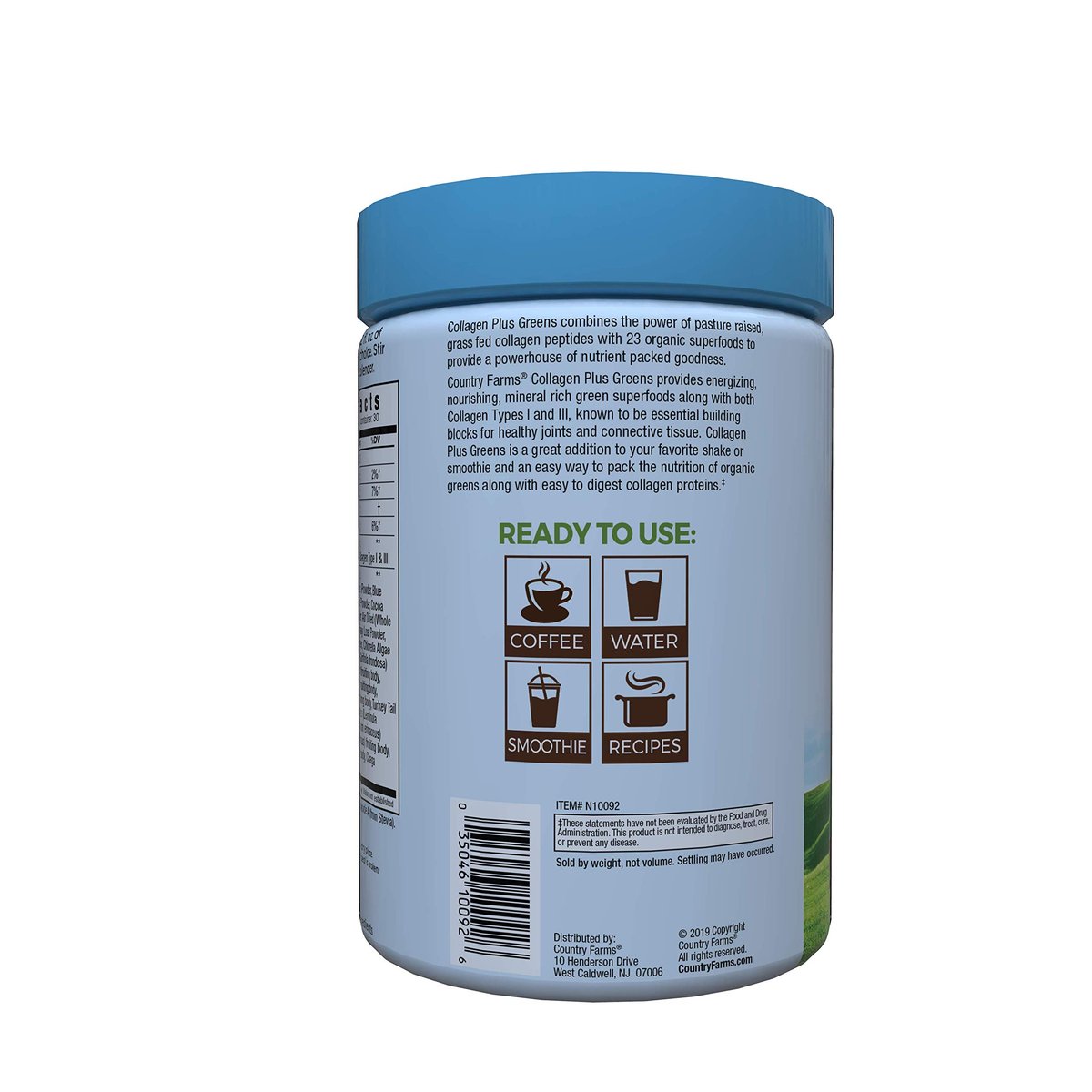 Country Farms Kollagen Peptide Pulver mit Grünpflanzen – Nahrungsergänzungsmittel (Typ I, III) für Haut, Haare, Nägel und Gelenke – Milch-/Gluten-/Zuckerfrei – Natürlich – 10,6 Unzen, 30 Portionen