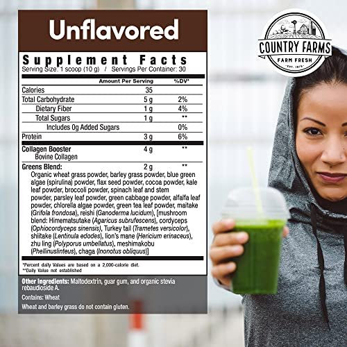 Country Farms Kollagen Peptide Pulver mit Grünpflanzen – Nahrungsergänzungsmittel (Typ I, III) für Haut, Haare, Nägel und Gelenke – Milch-/Gluten-/Zuckerfrei – Natürlich – 10,6 Unzen, 30 Portionen