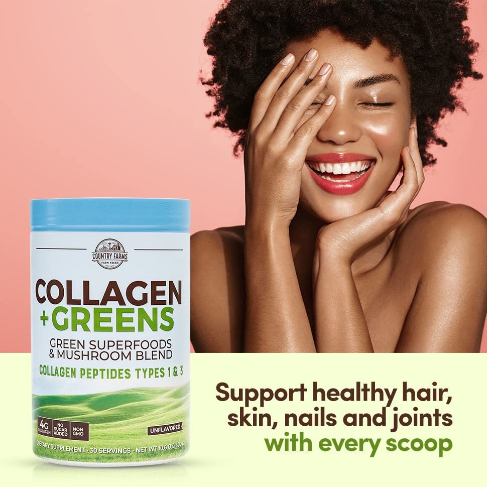 Country Farms Kollagen Peptide Pulver mit Grünpflanzen – Nahrungsergänzungsmittel (Typ I, III) für Haut, Haare, Nägel und Gelenke – Milch-/Gluten-/Zuckerfrei – Natürlich – 10,6 Unzen, 30 Portionen