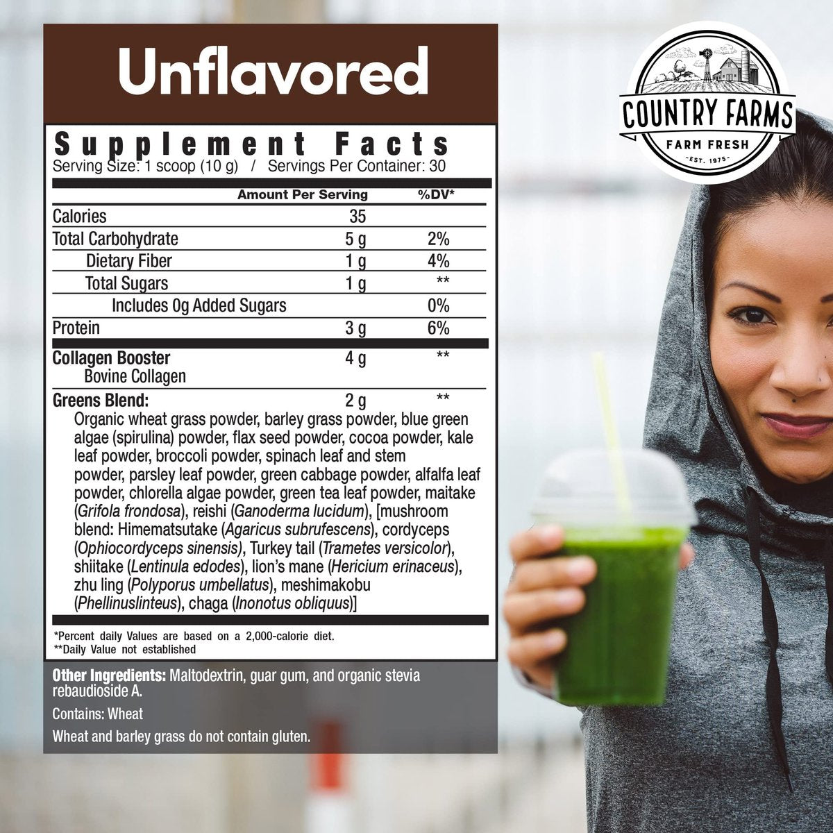 Country Farms Kollagen Peptide Pulver mit Grünpflanzen – Nahrungsergänzungsmittel (Typ I, III) für Haut, Haare, Nägel und Gelenke – Milch-/Gluten-/Zuckerfrei – Natürlich – 10,6 Unzen, 30 Portionen