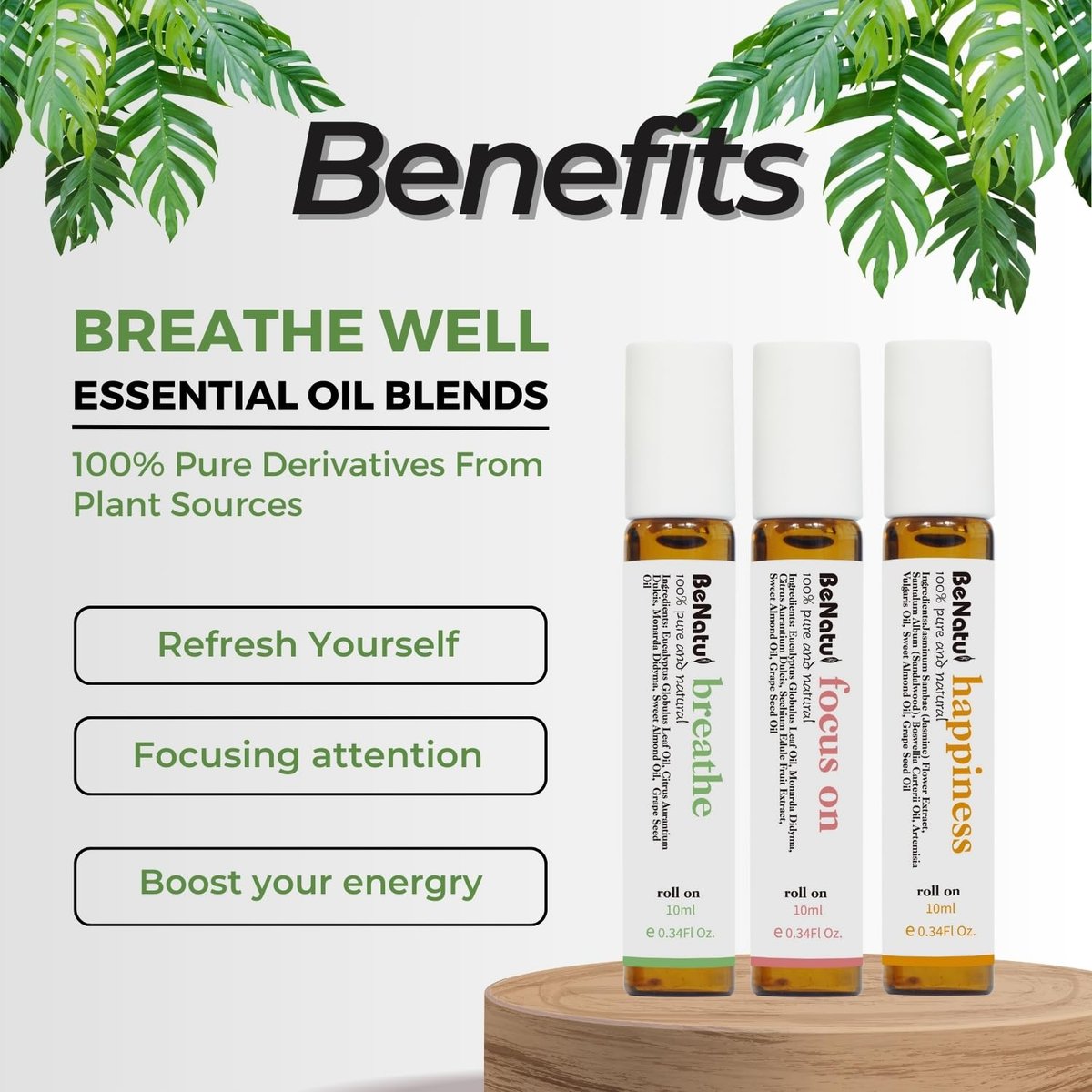 Benatu Bio-Ölmischungen Set (Atmen, Fokus, Glück) – Natürliche Aromatherapie-Rollons für Massage, Körperpflege und Zuhause – Geschenkset für Frauen und Männer
