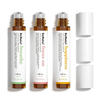 Benatu Bio-Ölmischungen Set (Atmen, Fokus, Glück) – Natürliche Aromatherapie-Rollons für Massage, Körperpflege und Zuhause – Geschenkset für Frauen und Männer