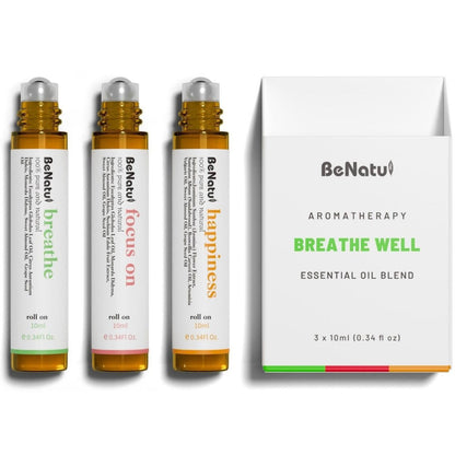 Benatu Bio-Ölmischungen Set (Atmen, Fokus, Glück) – Natürliche Aromatherapie-Rollons für Massage, Körperpflege und Zuhause – Geschenkset für Frauen und Männer