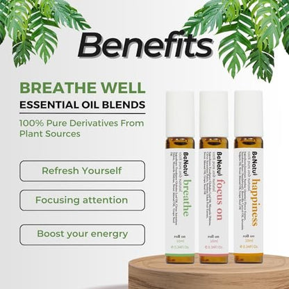 Benatu Bio-Ölmischungen Set (Atmen, Fokus, Glück) – Natürliche Aromatherapie-Rollons für Massage, Körperpflege und Zuhause – Geschenkset für Frauen und Männer