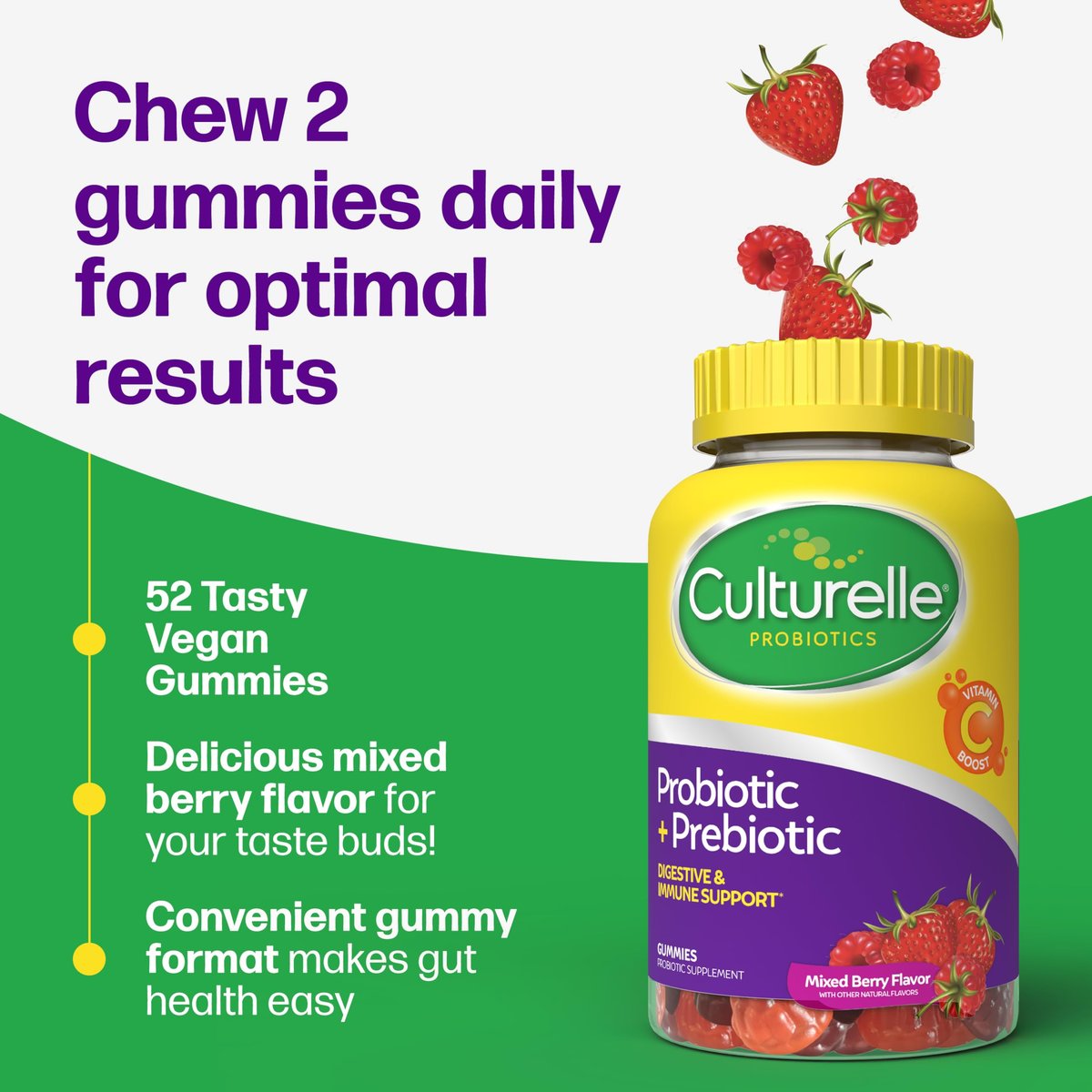 Culturelle Tägliche Probiotische Gummibärchen für Frauen & Männer, Beerengeschmack, 52 Stück, natürlich gewonnene Probiotika + Präbiotika für die Verdauungsgesundheit, Nicht-GVO & vegan