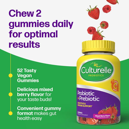 Culturelle Tägliche Probiotische Gummibärchen für Frauen & Männer, Beerengeschmack, 52 Stück, natürlich gewonnene Probiotika + Präbiotika für die Verdauungsgesundheit, Nicht-GVO & vegan