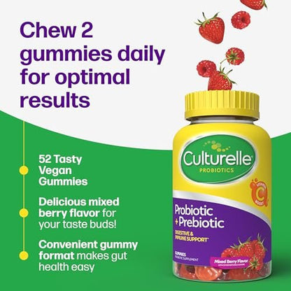 Culturelle Tägliche Probiotische Gummibärchen für Frauen & Männer, Beerengeschmack, 52 Stück, natürlich gewonnene Probiotika + Präbiotika für die Verdauungsgesundheit, Nicht-GVO & vegan