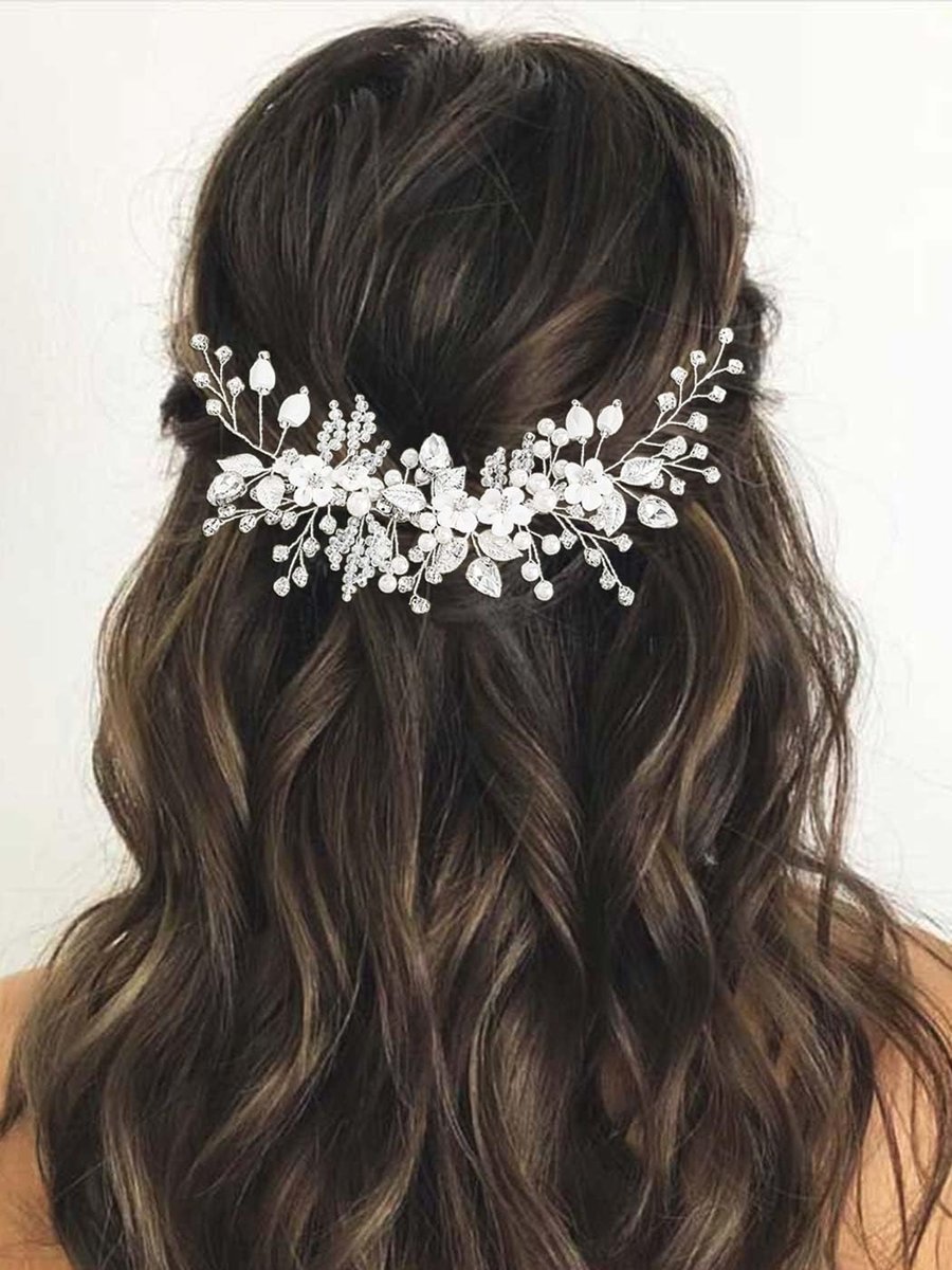 Catery Blumen Braut Haarreif mit Silberkristallen und Perlen – Kopfschmuck für Hochzeiten und besondere Anlässe