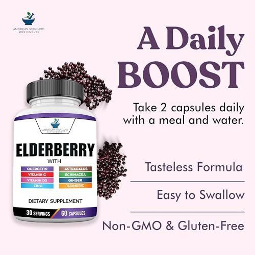 American Standard Supplements Holunderbeere-Extrakt mit Quercetin, Vitamin C, D3, Ingwer, Zink, Kurkuma, Astragalus und Echinacea – 60 Kapseln, 30 Portionen