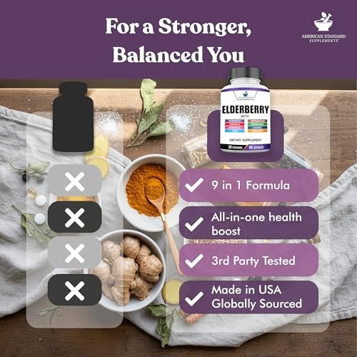 American Standard Supplements Holunderbeere-Extrakt mit Quercetin, Vitamin C, D3, Ingwer, Zink, Kurkuma, Astragalus und Echinacea – 60 Kapseln, 30 Portionen