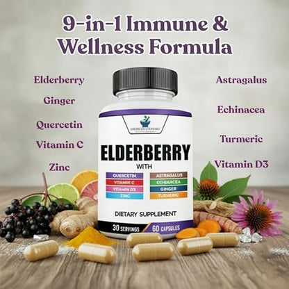 American Standard Supplements Holunderbeere-Extrakt mit Quercetin, Vitamin C, D3, Ingwer, Zink, Kurkuma, Astragalus und Echinacea – 60 Kapseln, 30 Portionen