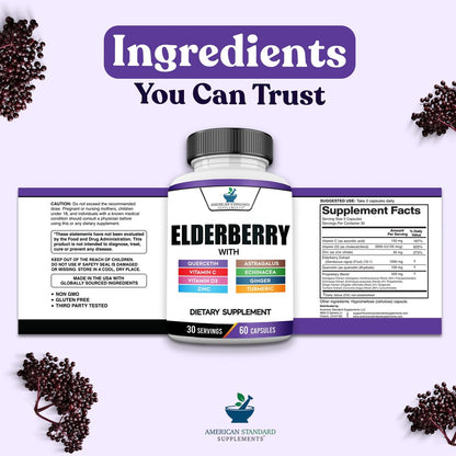 American Standard Supplements Holunderbeere-Extrakt mit Quercetin, Vitamin C, D3, Ingwer, Zink, Kurkuma, Astragalus und Echinacea – 60 Kapseln, 30 Portionen