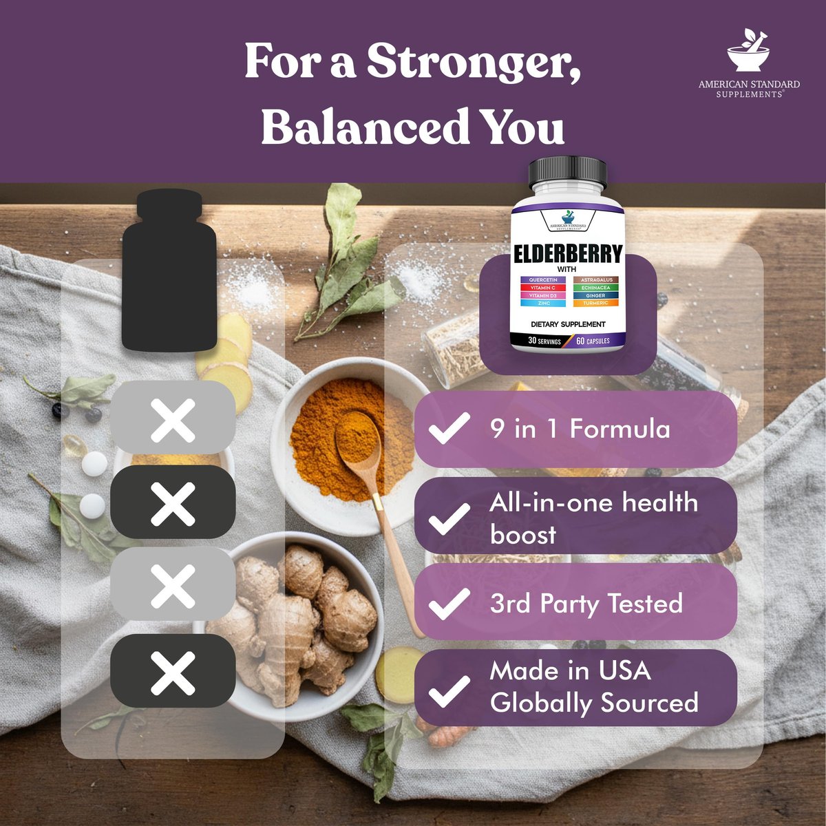 American Standard Supplements Holunderbeere-Extrakt mit Quercetin, Vitamin C, D3, Ingwer, Zink, Kurkuma, Astragalus und Echinacea – 60 Kapseln, 30 Portionen