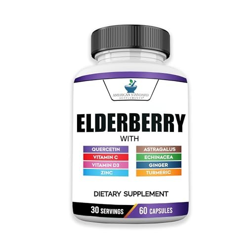 American Standard Supplements Holunderbeere-Extrakt mit Quercetin, Vitamin C, D3, Ingwer, Zink, Kurkuma, Astragalus und Echinacea – 60 Kapseln, 30 Portionen