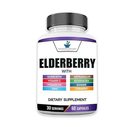 American Standard Supplements Holunderbeere-Extrakt mit Quercetin, Vitamin C, D3, Ingwer, Zink, Kurkuma, Astragalus und Echinacea – 60 Kapseln, 30 Portionen