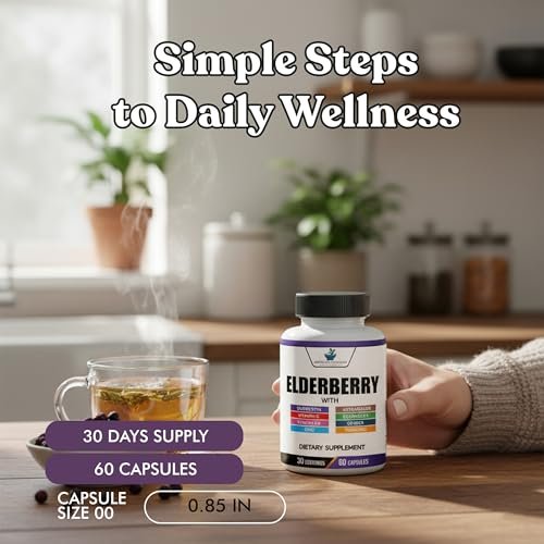 American Standard Supplements Holunderbeere-Extrakt mit Quercetin, Vitamin C, D3, Ingwer, Zink, Kurkuma, Astragalus und Echinacea – 60 Kapseln, 30 Portionen