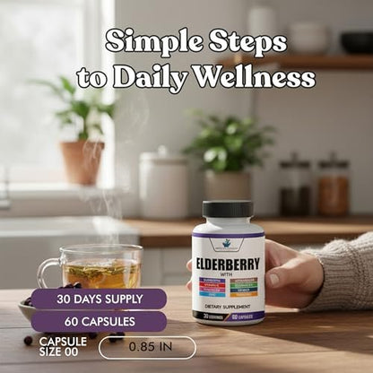 American Standard Supplements Holunderbeere-Extrakt mit Quercetin, Vitamin C, D3, Ingwer, Zink, Kurkuma, Astragalus und Echinacea – 60 Kapseln, 30 Portionen