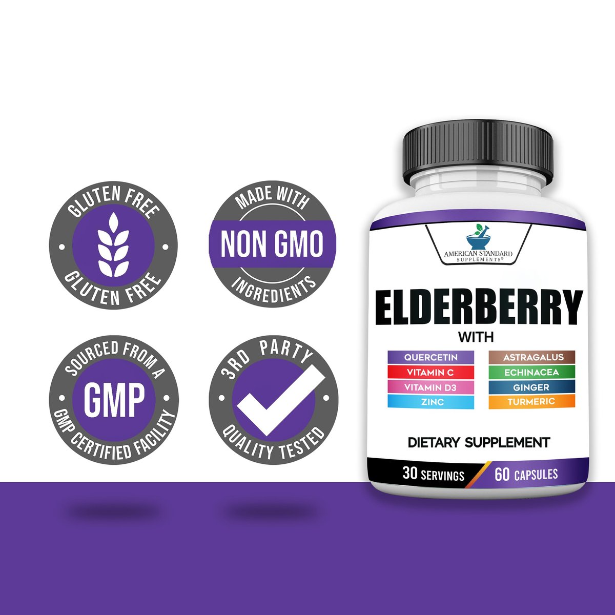 American Standard Supplements Holunderbeere-Extrakt mit Quercetin, Vitamin C, D3, Ingwer, Zink, Kurkuma, Astragalus und Echinacea – 60 Kapseln, 30 Portionen