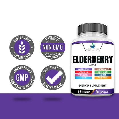 American Standard Supplements Holunderbeere-Extrakt mit Quercetin, Vitamin C, D3, Ingwer, Zink, Kurkuma, Astragalus und Echinacea – 60 Kapseln, 30 Portionen